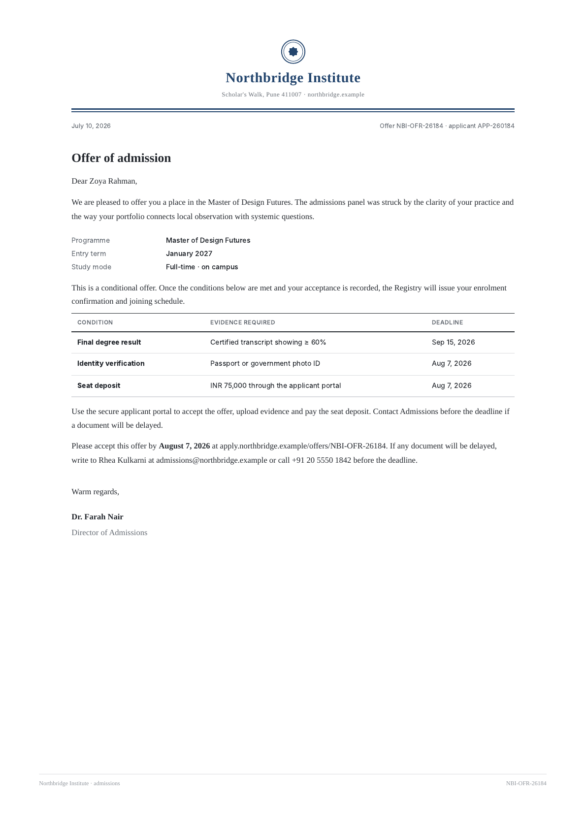 Admission letter PDF template preview