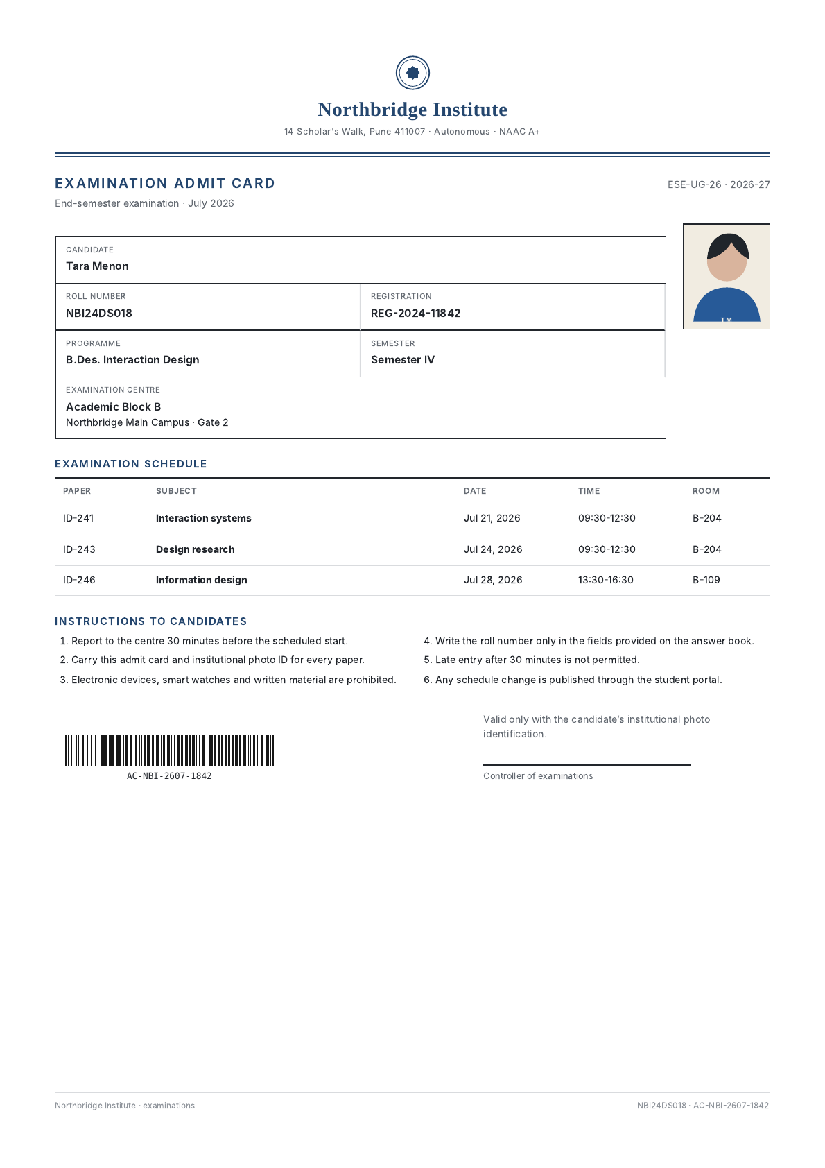 Examination admit card PDF template preview