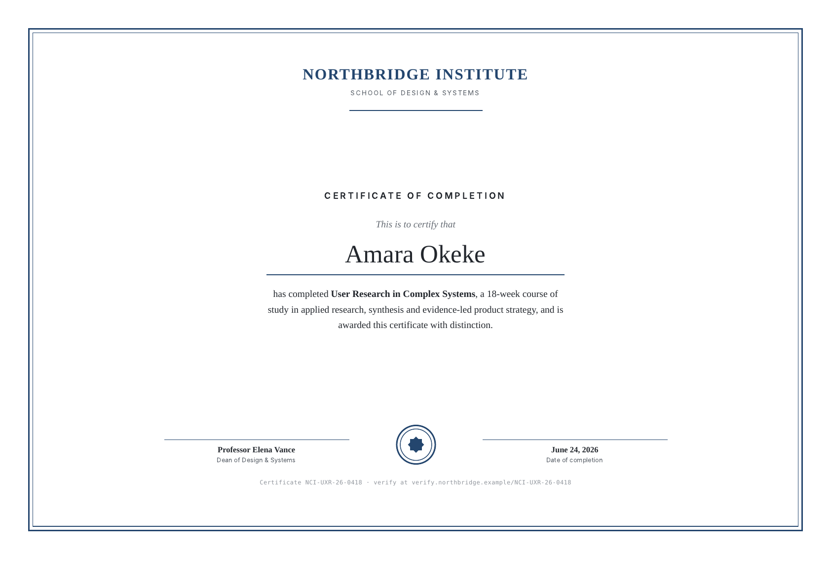 Course certificate PDF template preview