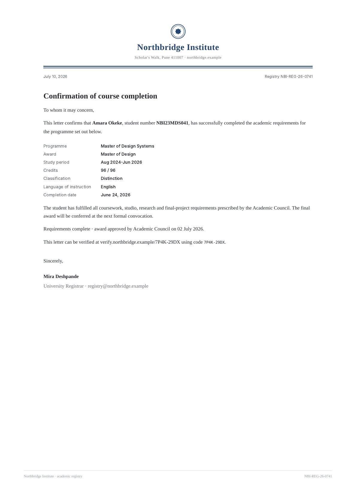 Course-completion letter PDF template preview