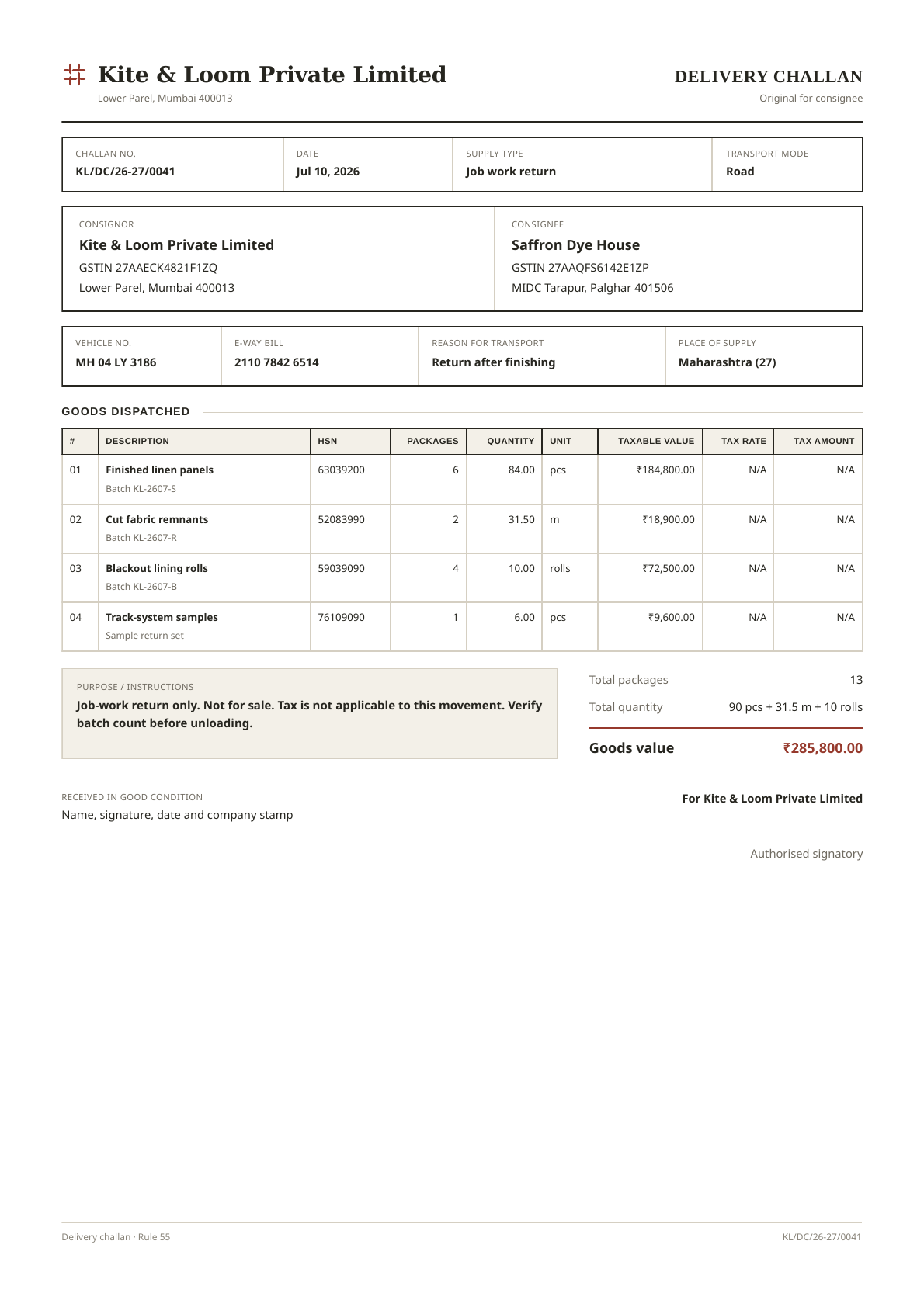 Delivery challan PDF template preview