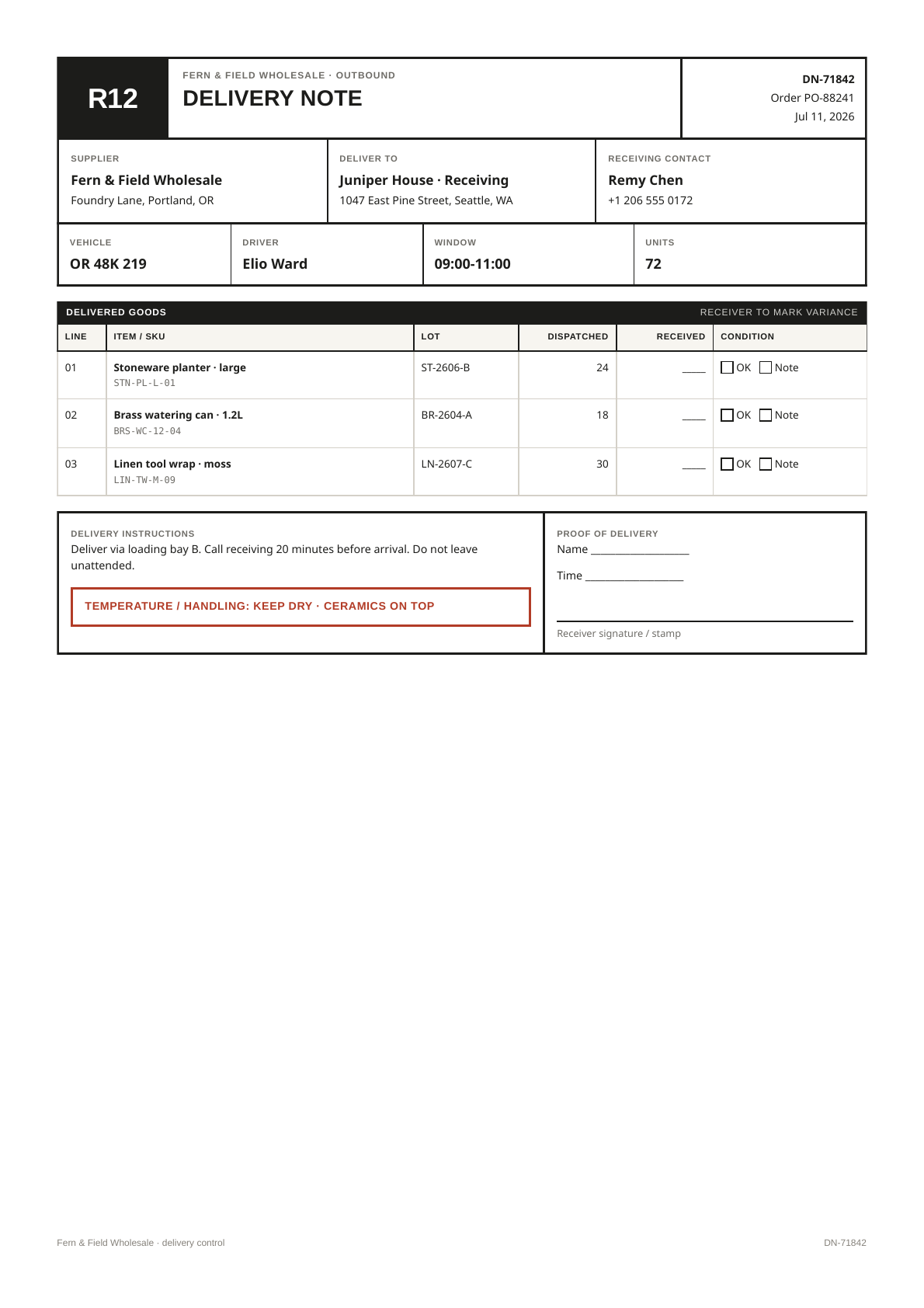 Delivery note PDF template preview