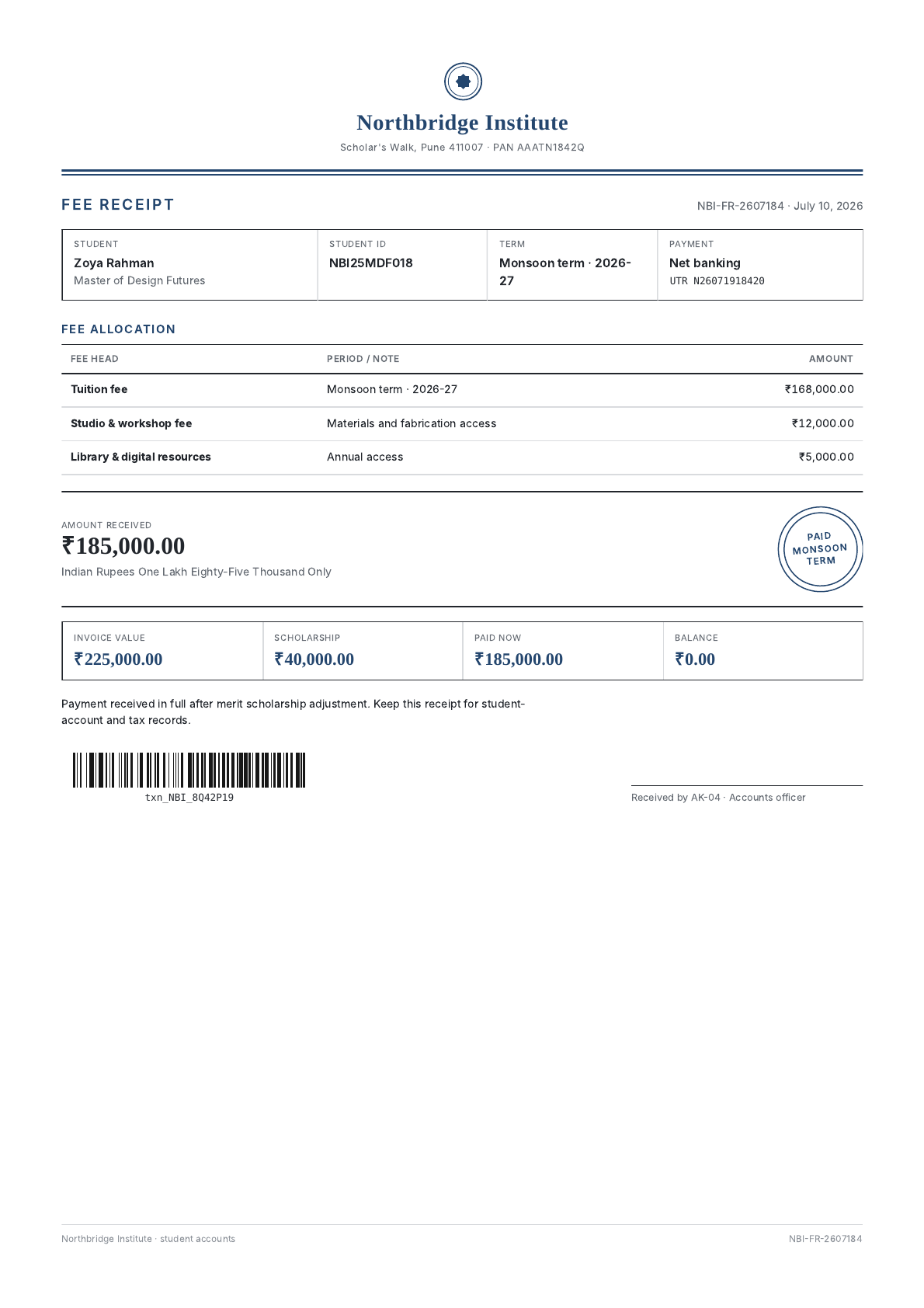 Student fee receipt PDF template preview