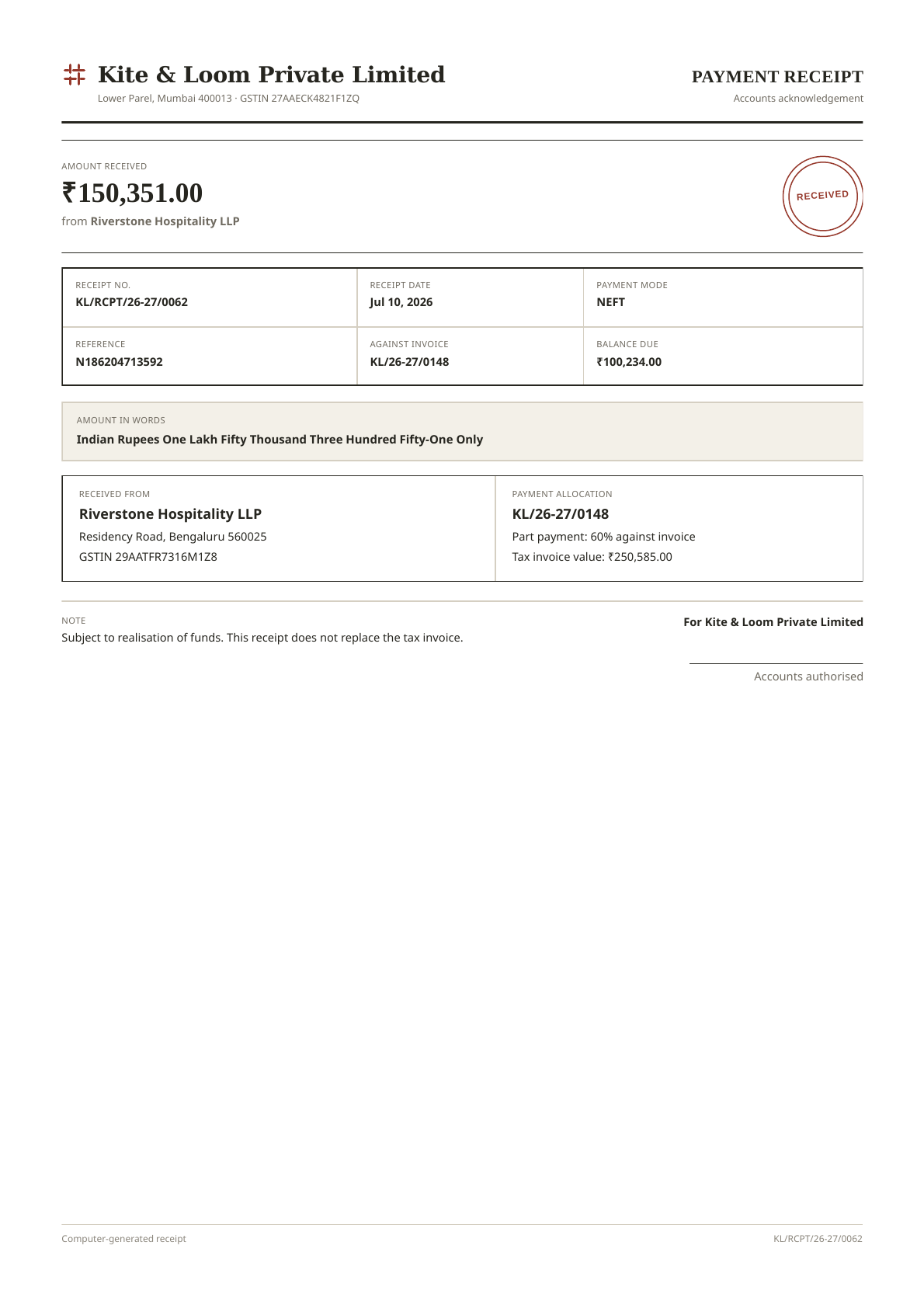 GST payment receipt PDF template preview