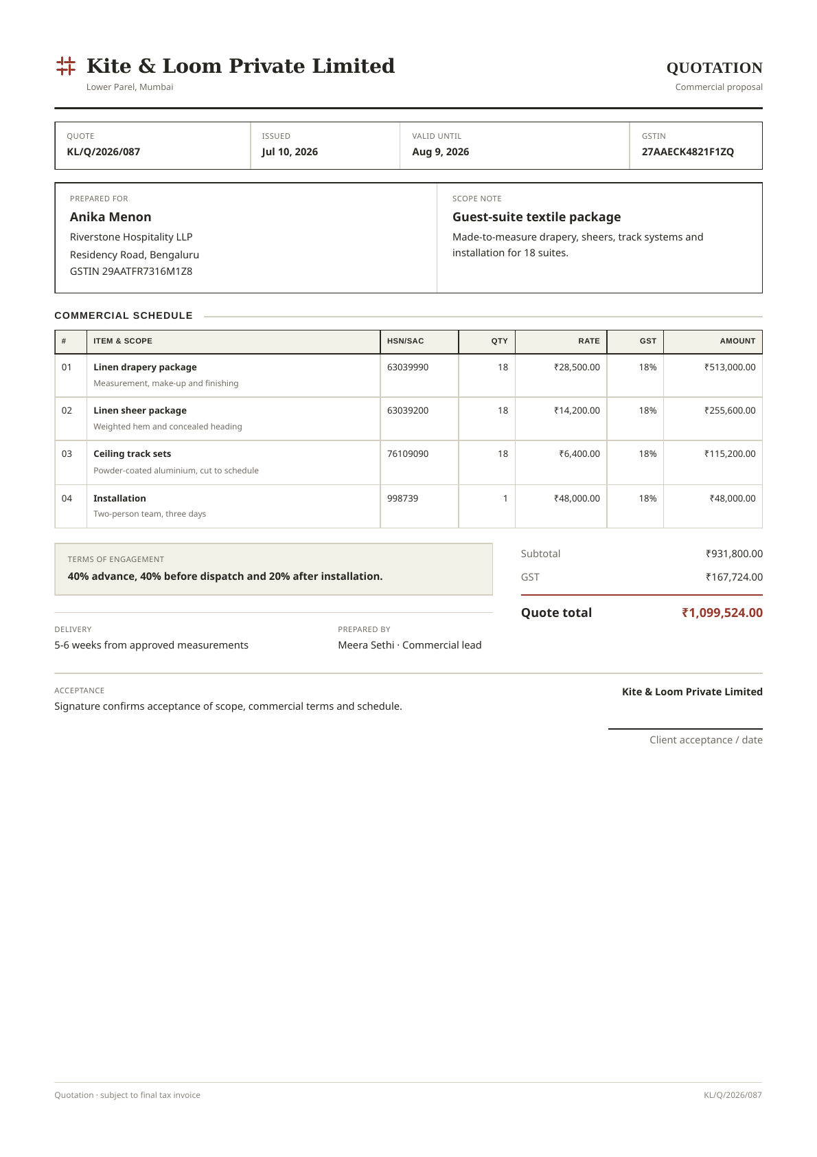 GST quotation PDF template preview