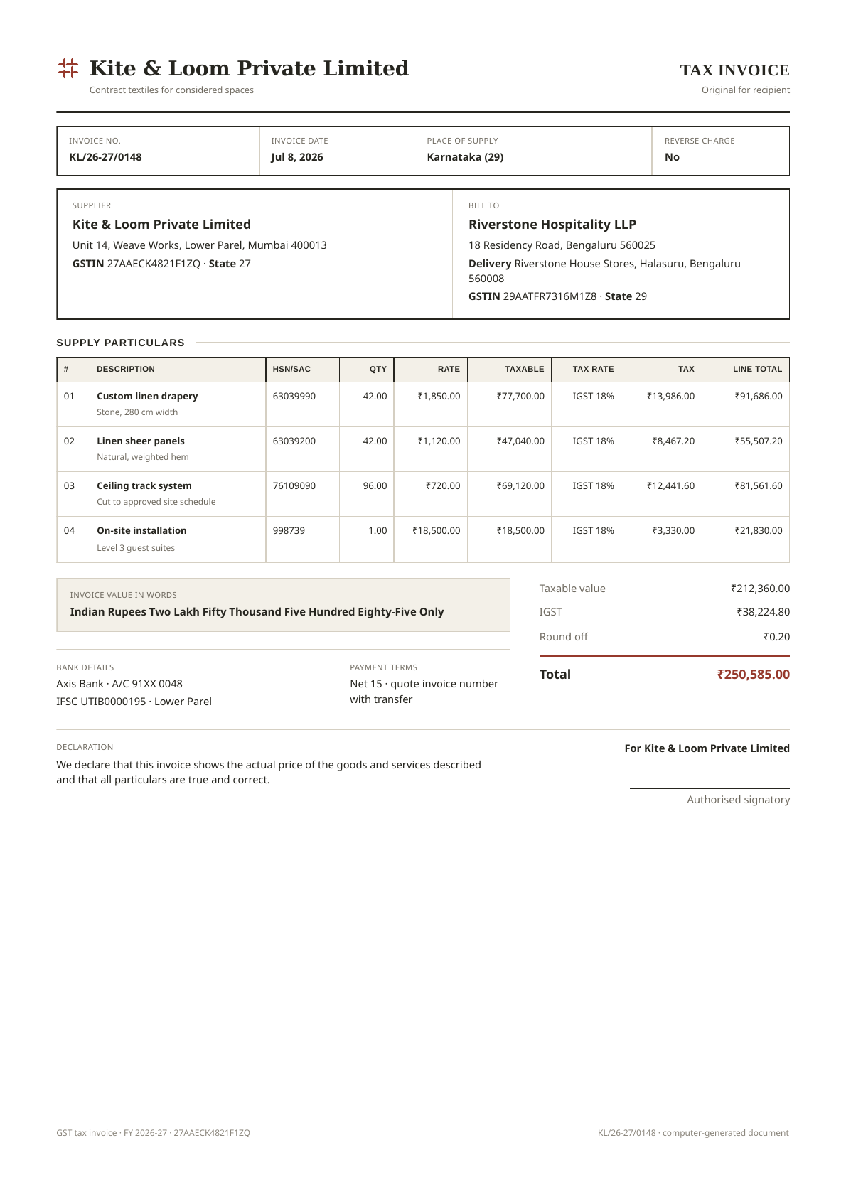 GST tax invoice PDF template preview