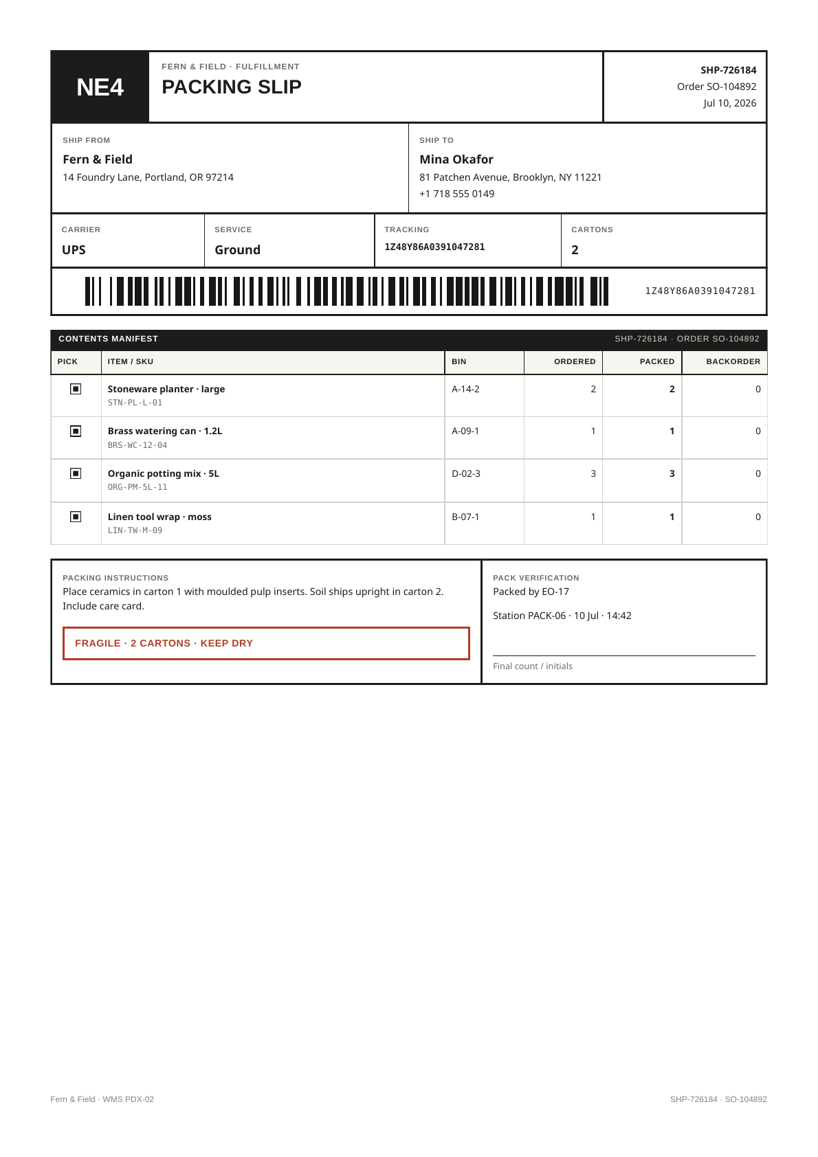 Packing slip PDF template preview