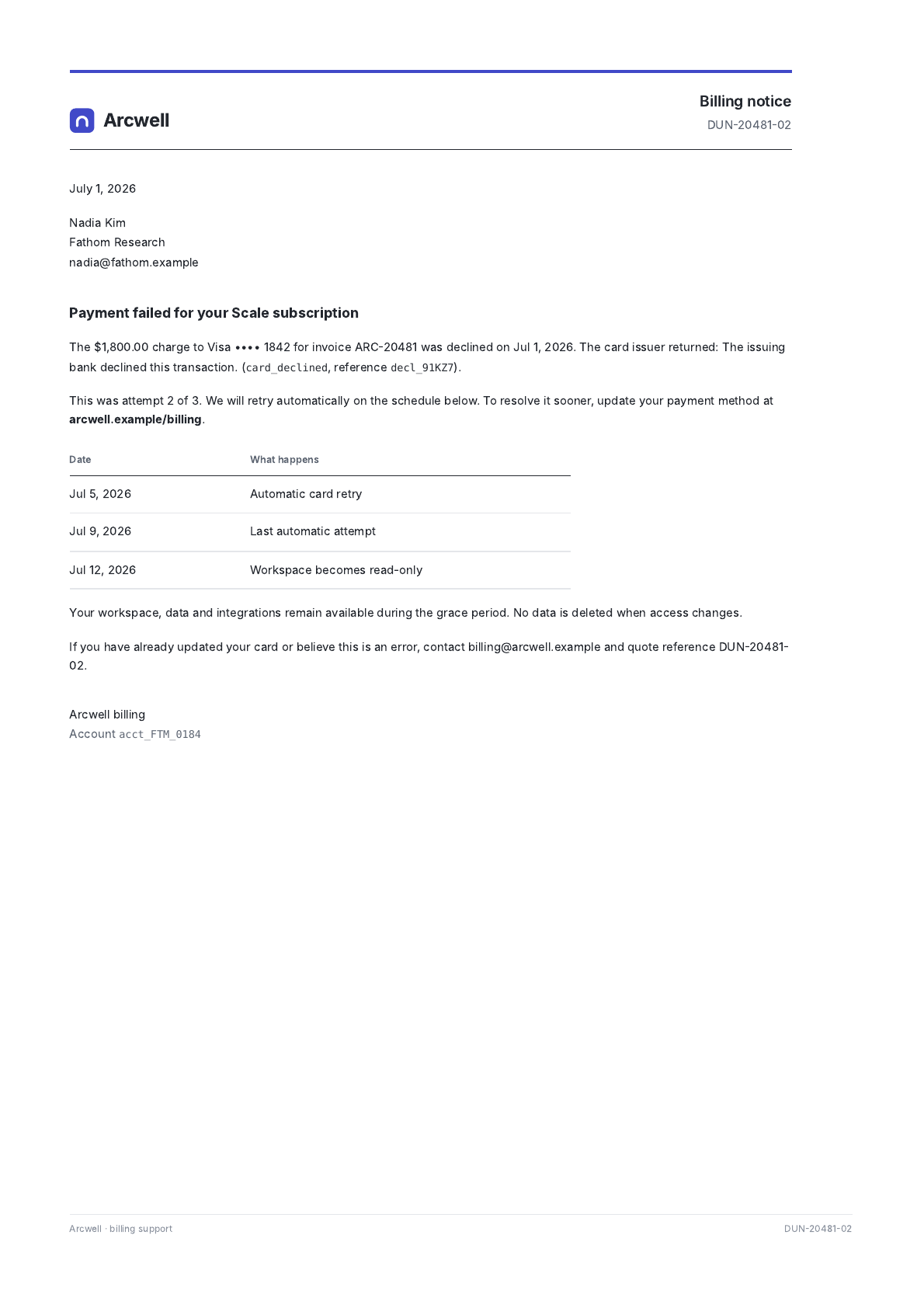 Payment-failed notice PDF template preview