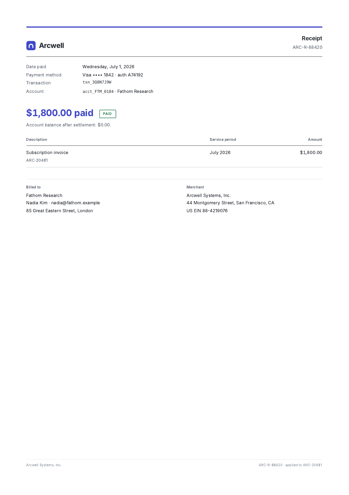 Payment receipt PDF template preview