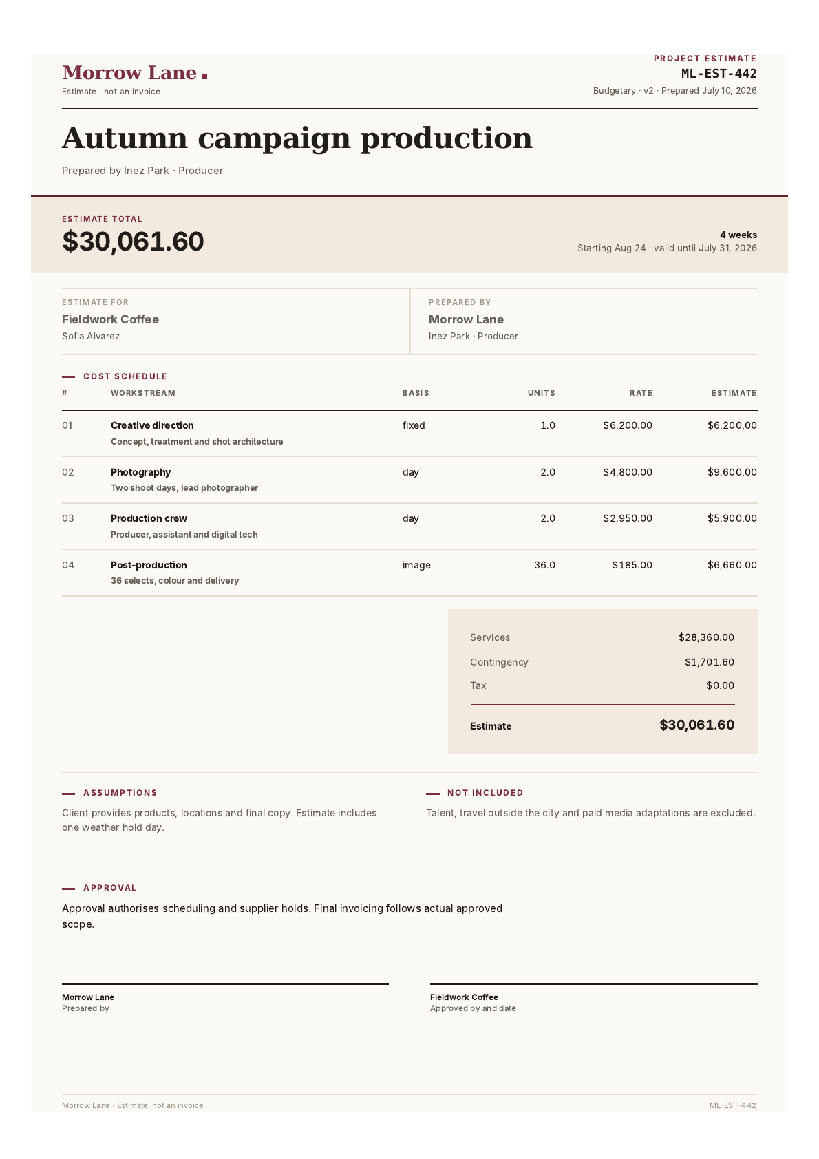 Project estimate PDF template preview