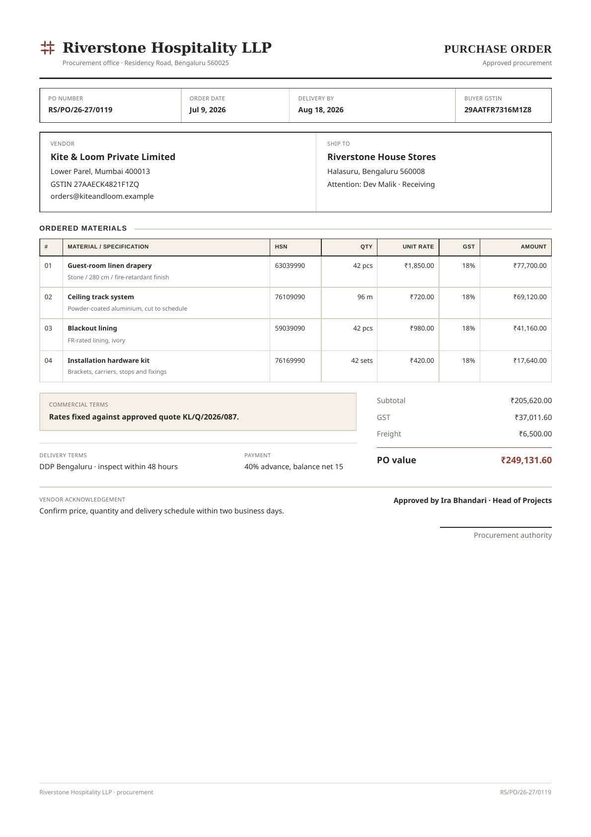 Purchase order PDF template preview