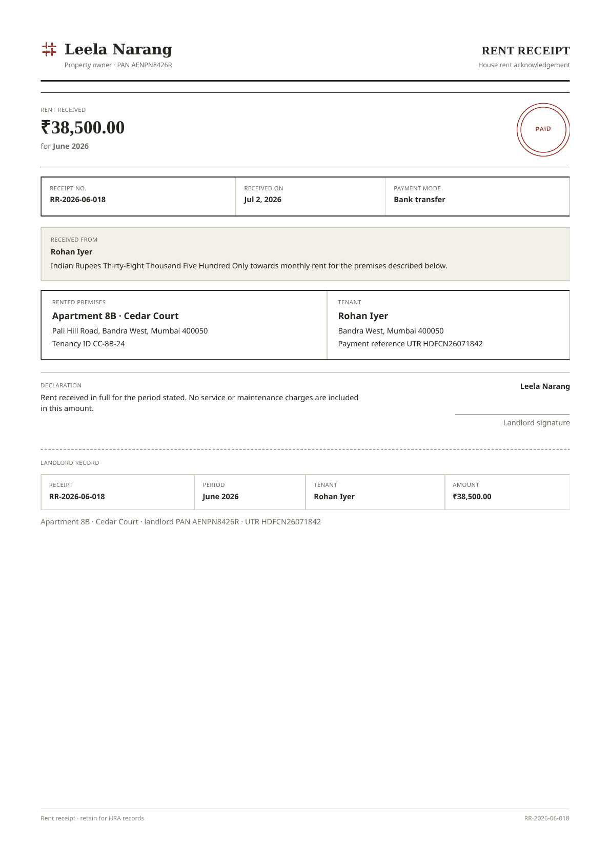 Rent receipt PDF template preview