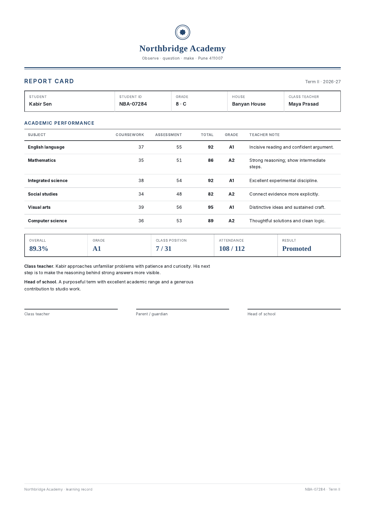 Student report card PDF template preview