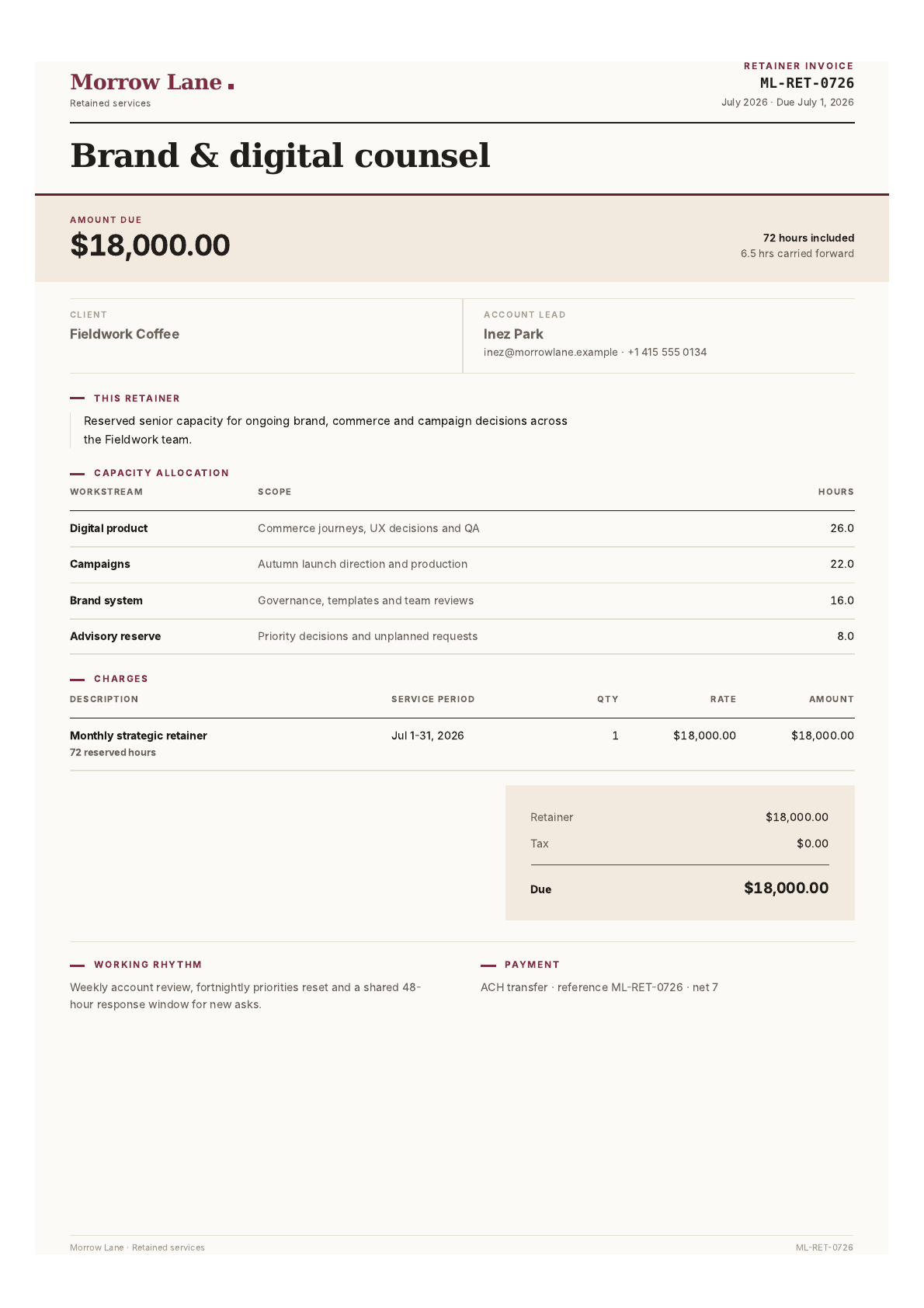 Retainer invoice PDF template preview