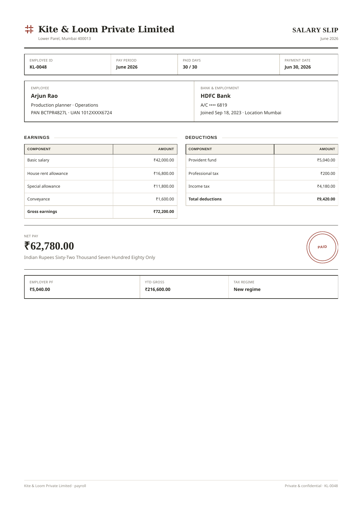 Salary slip PDF template preview