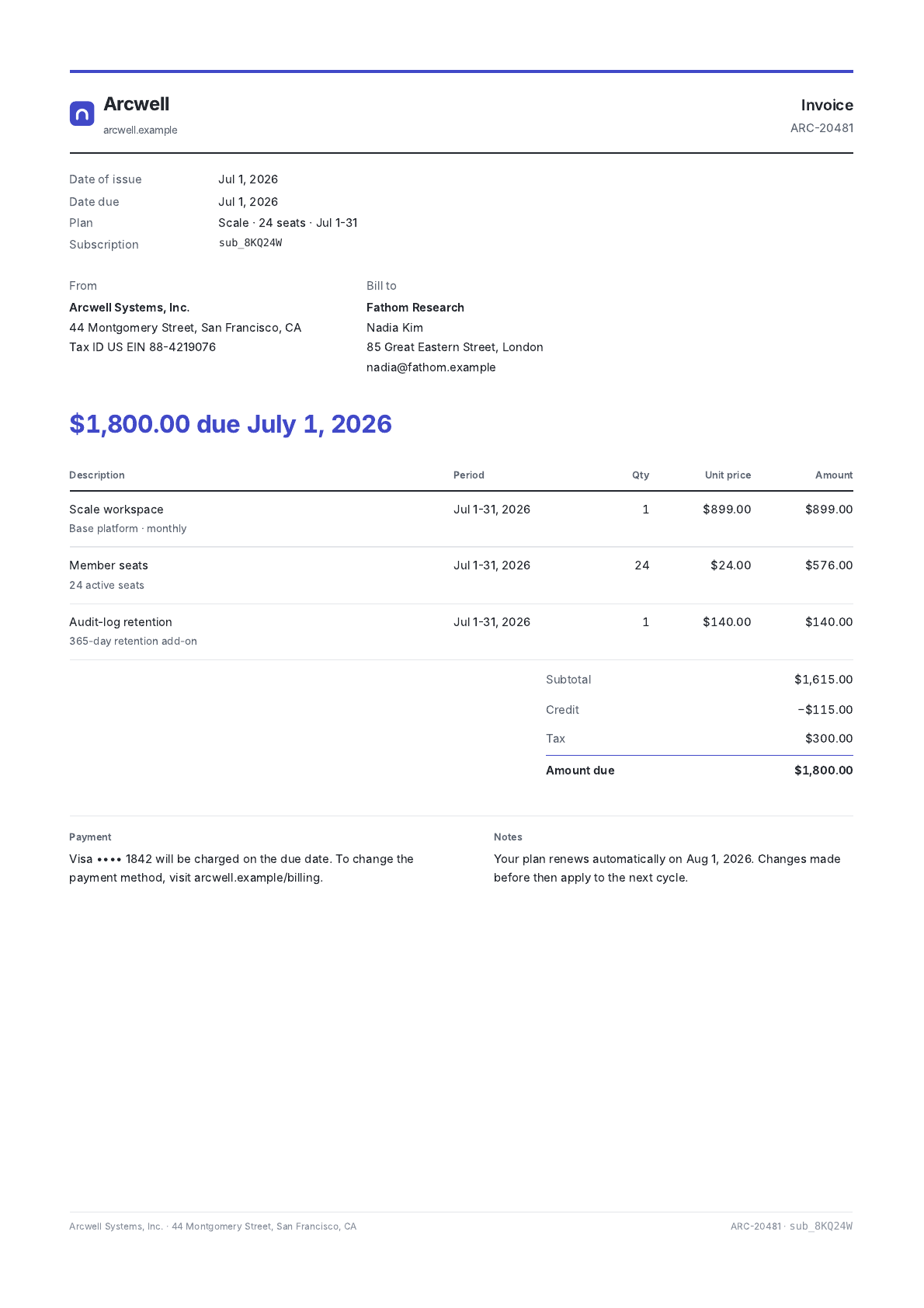 Subscription invoice PDF template preview