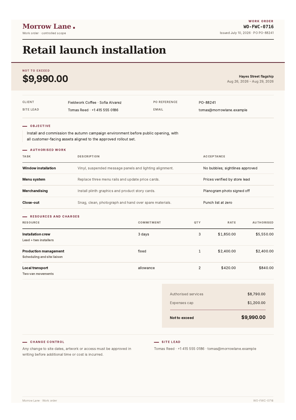 Work order PDF template preview